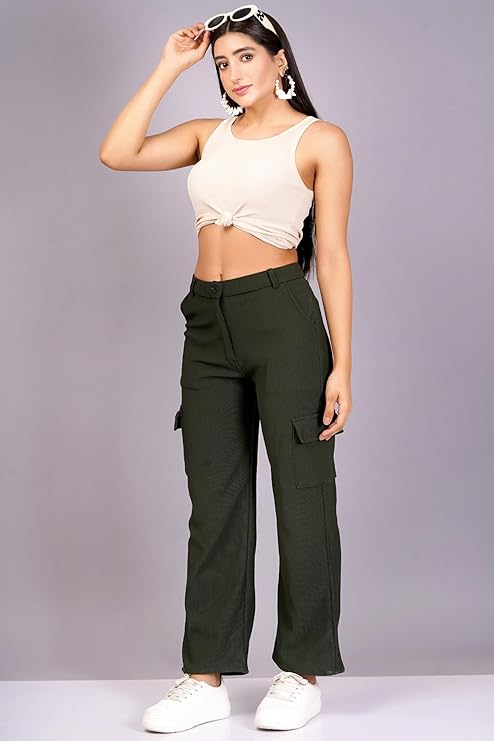 Sheen and Shine Women's & Girls' Cargo Baggy Jeans for Girls & Women Solid High Waist with Pockets Cargo Pants bottomwear