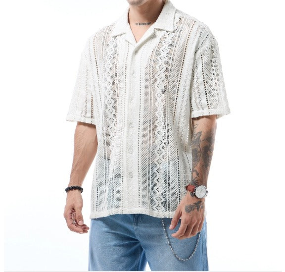 Men's Off White Oversized Crochet Shirt