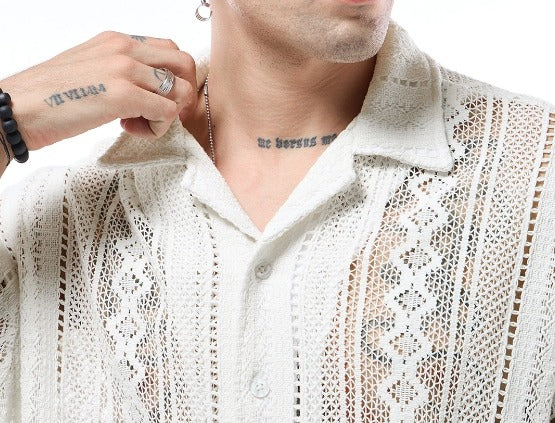 Men's Off White Oversized Crochet Shirt