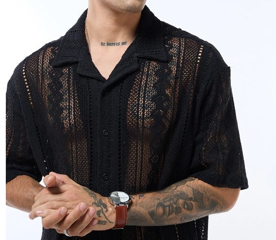 Men's Off White Oversized Crochet Shirt