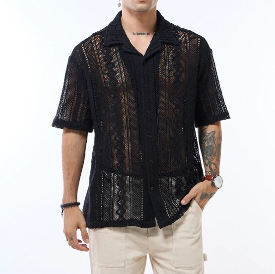 Men's Off White Oversized Crochet Shirt