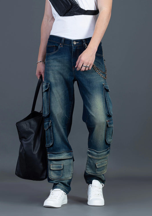 Blue Shaded Straight Fit Rhysley Men's Cargo Style Jeans Male Bottomwear