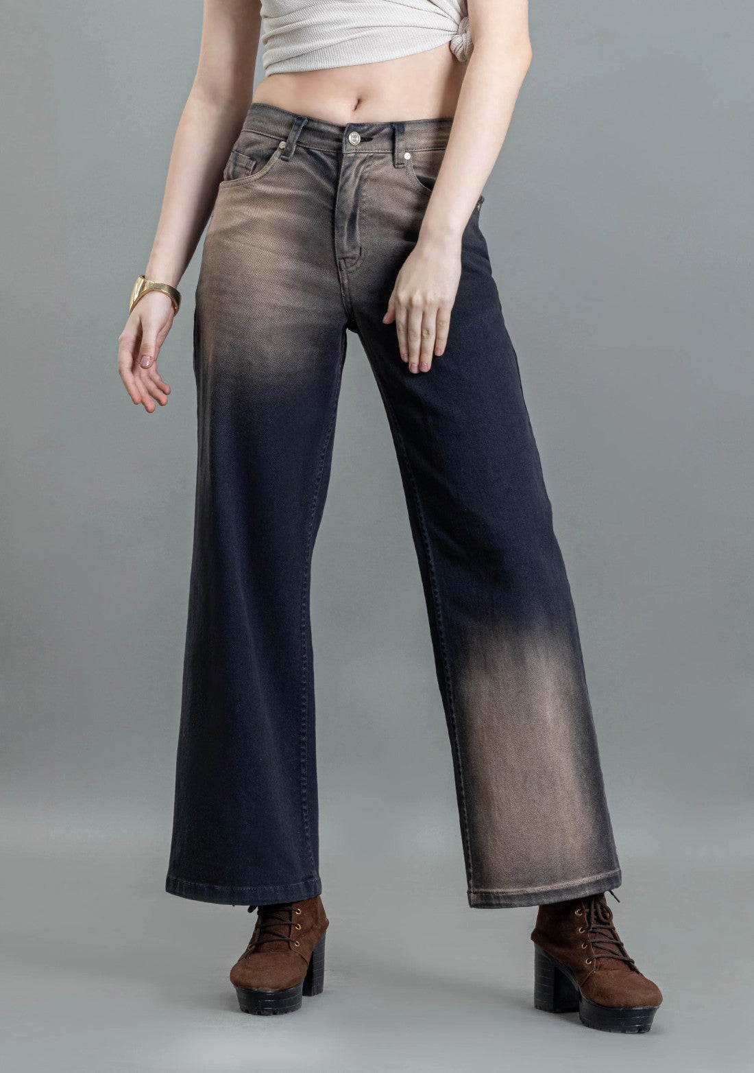 Brown Ombre Effect Wide Leg Women's Fashion Jeans bottom wear