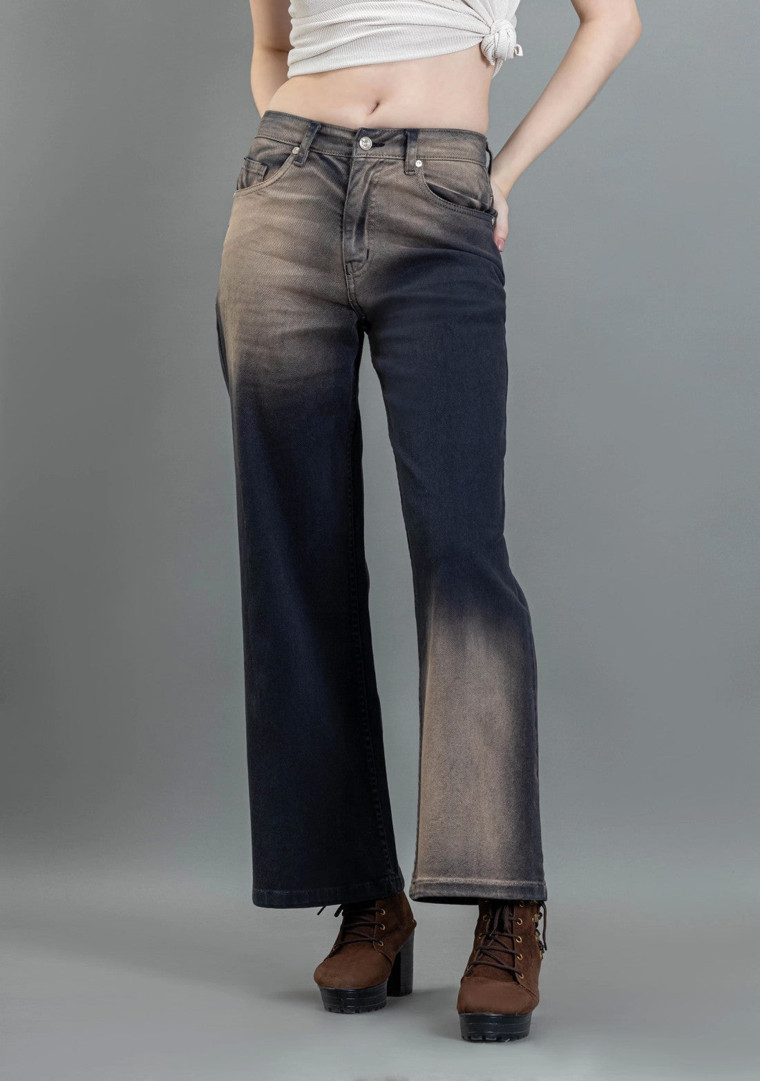 Brown Ombre Effect Wide Leg Women's Fashion Jeans bottom wear