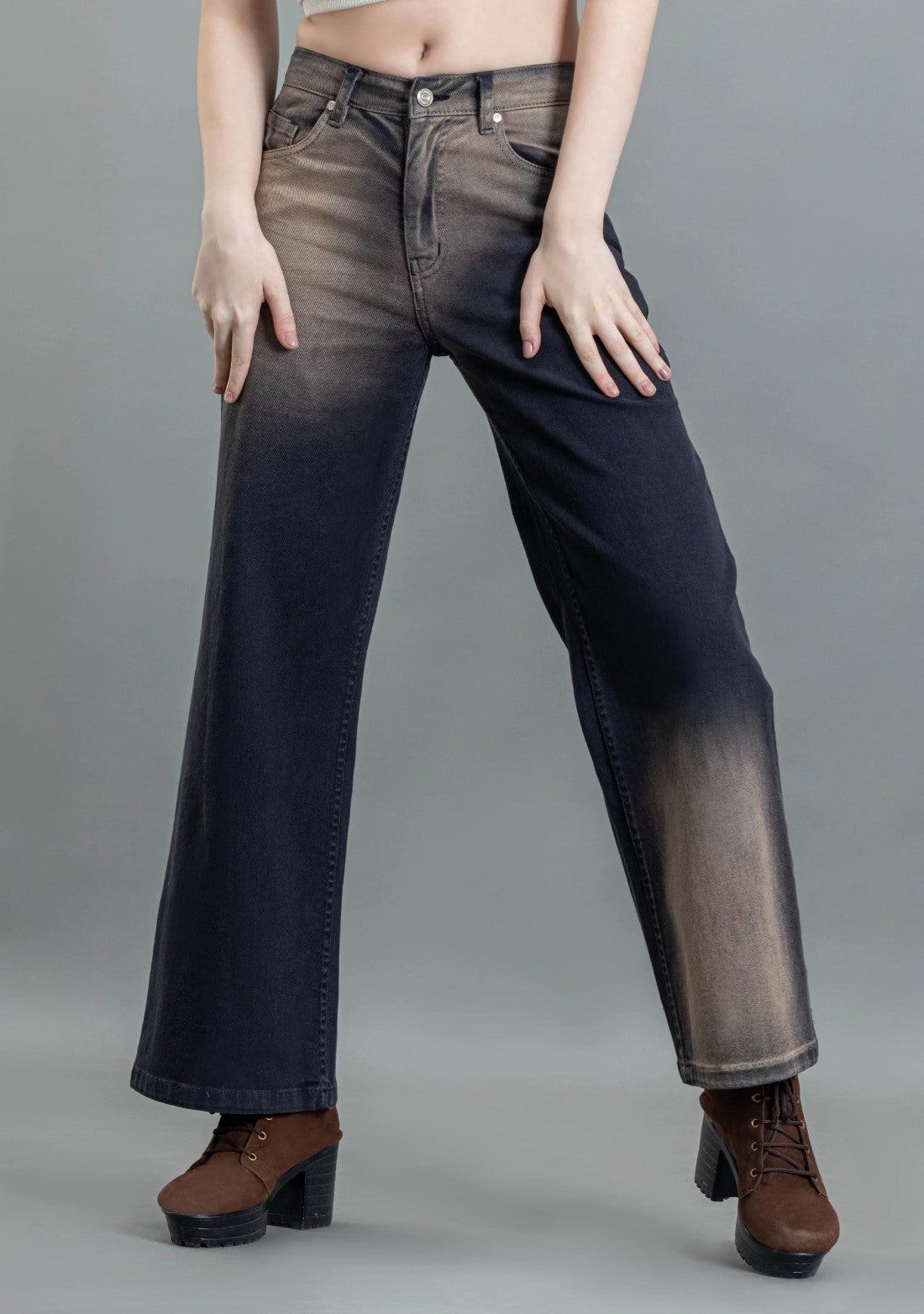 Brown Ombre Effect Wide Leg Women's Fashion Jeans bottom wear