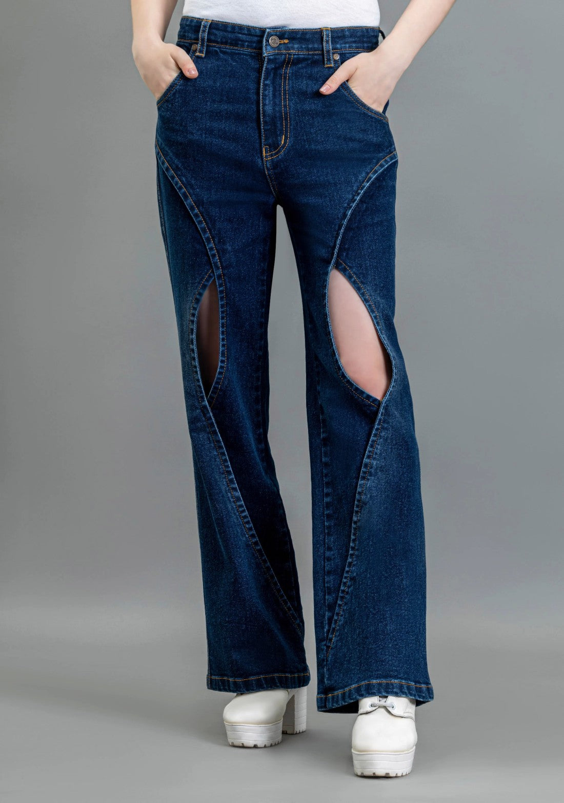 Blue Wide Leg Cross Panel Thigh Open Women's Jeans bottom wear