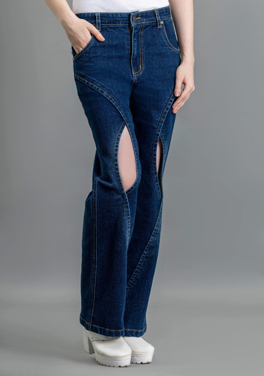 Blue Wide Leg Cross Panel Thigh Open Women's Jeans bottom wear