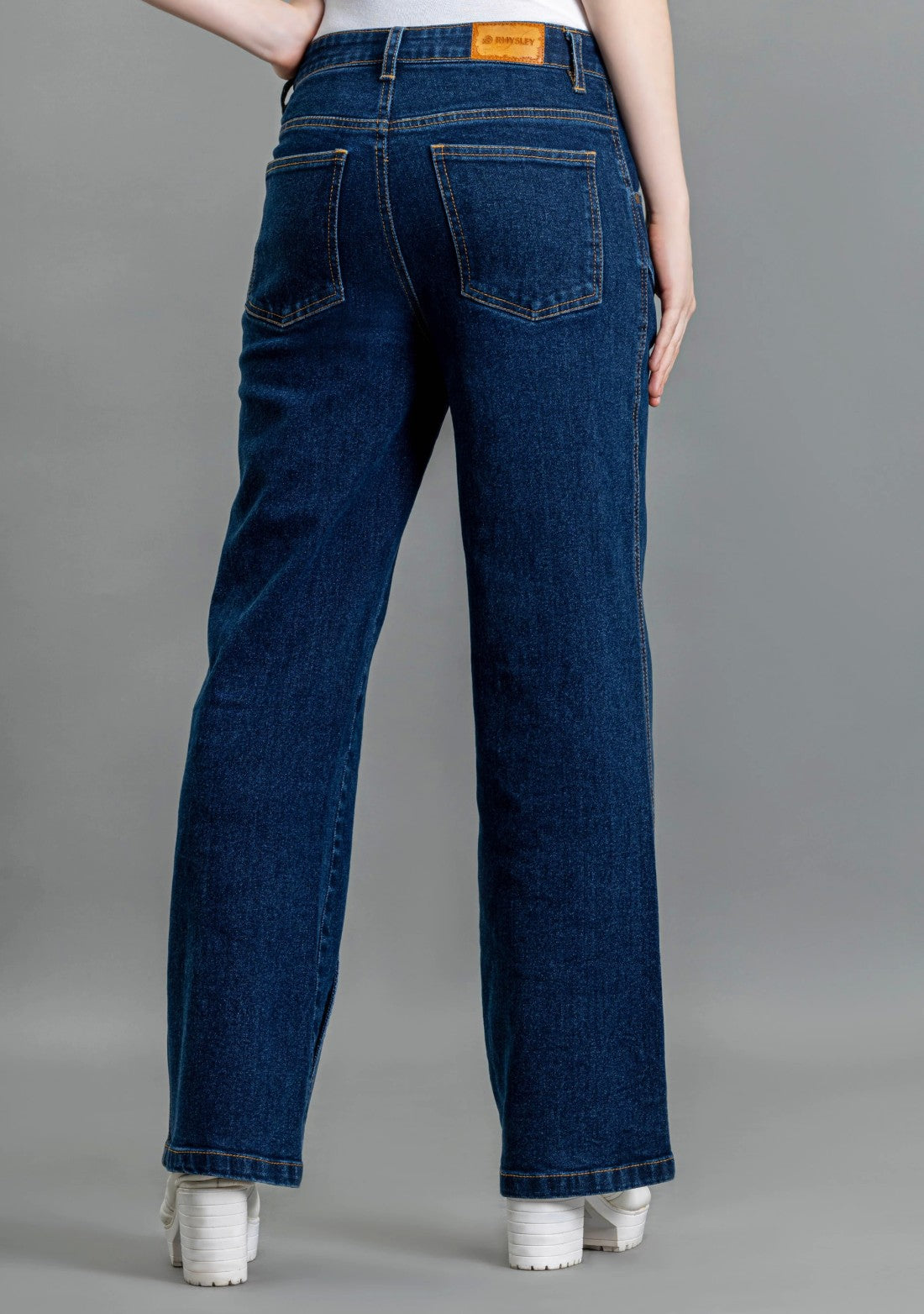 Blue Wide Leg Cross Panel Thigh Open Women's Jeans bottom wear