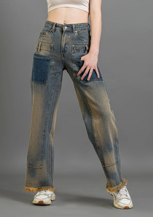 Beige and Blue Wide Leg Women's Fashion Jeans bottom wear