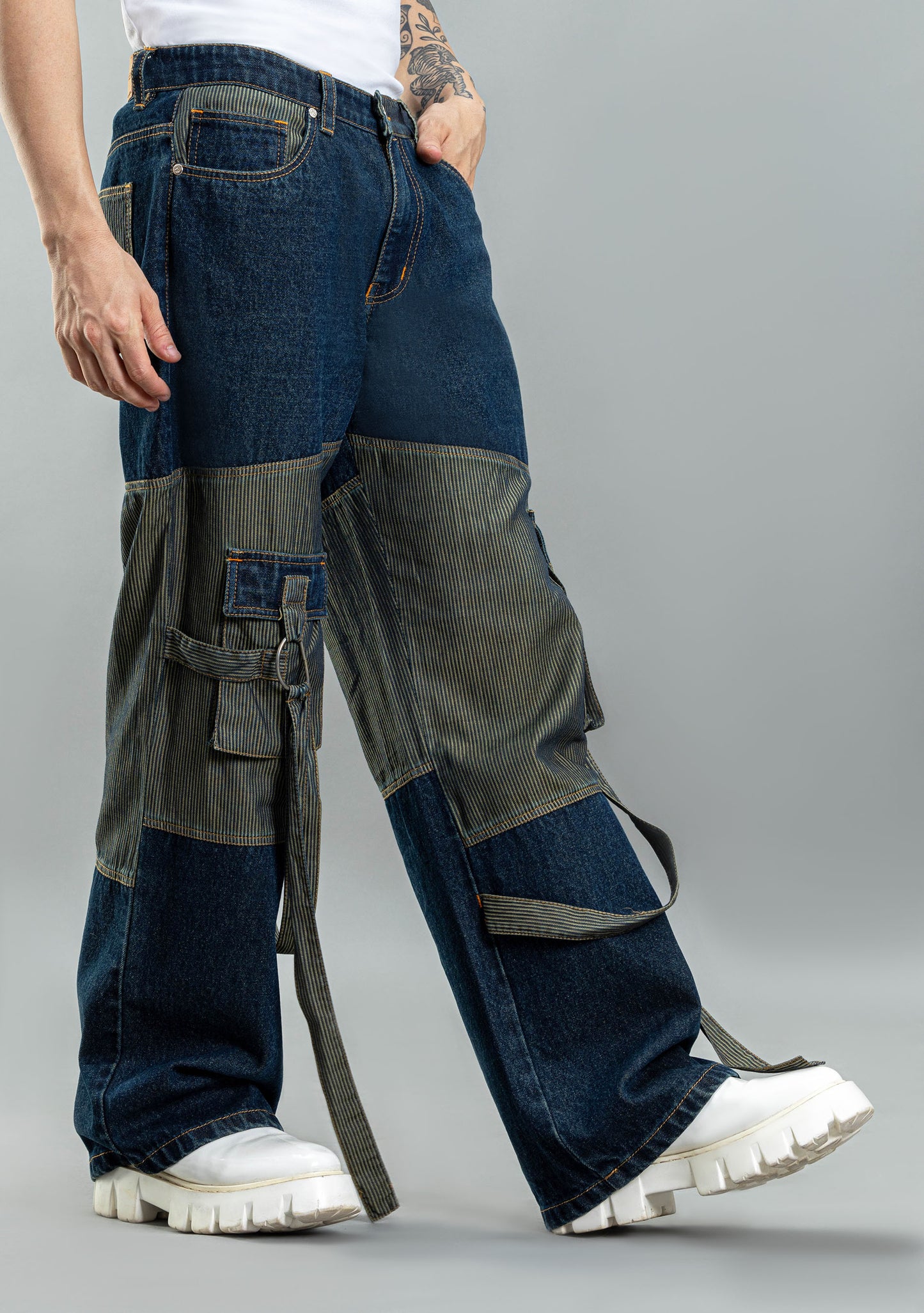 Blue Wide Leg Two Tone Panel Cargo Style Men's Jeans Male Bottomwear