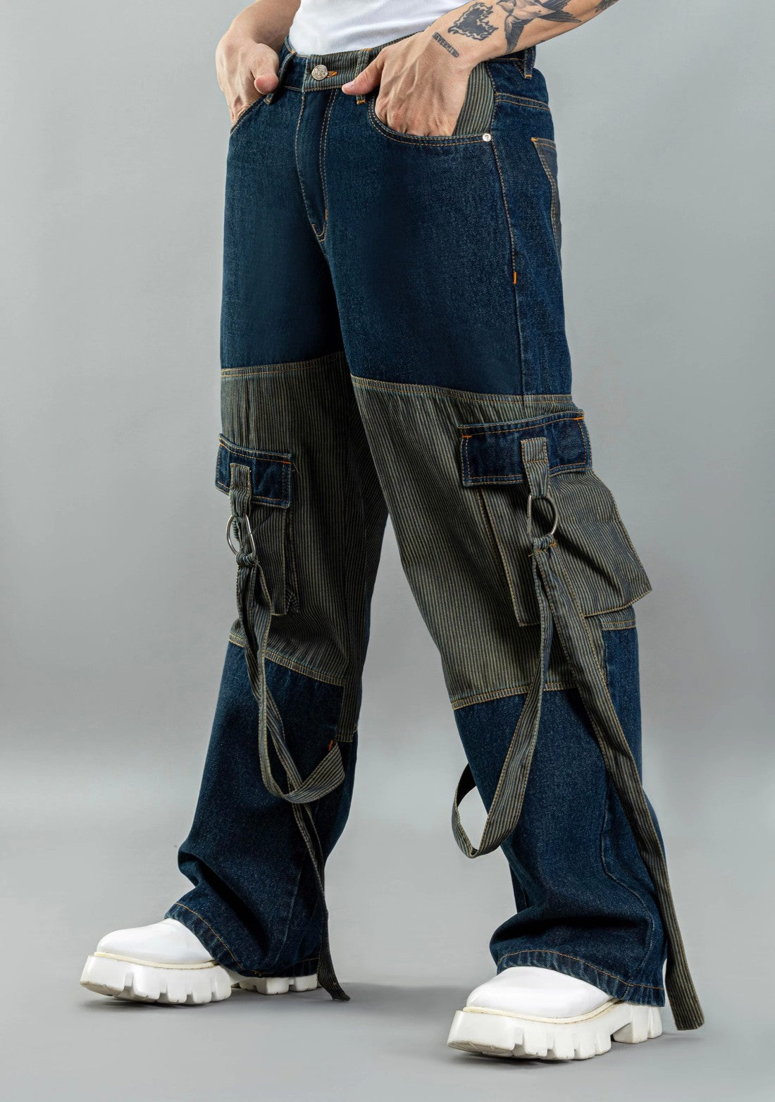 Blue Wide Leg Two Tone Panel Cargo Style Men's Jeans Male Bottomwear