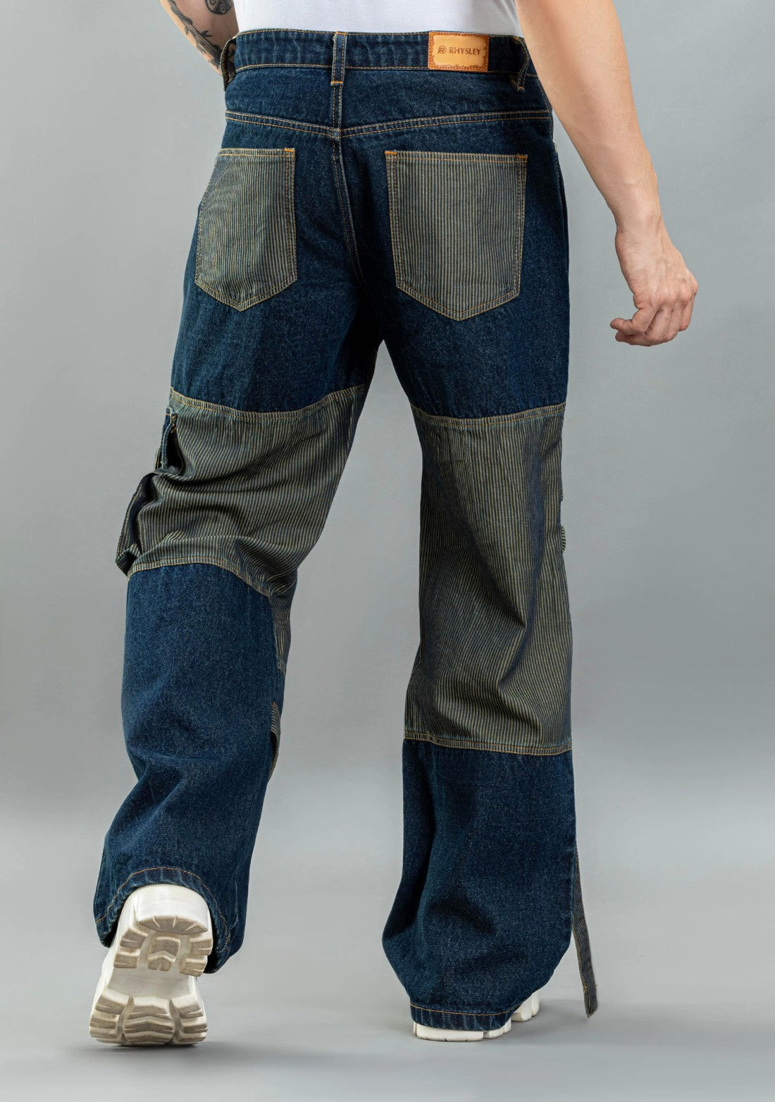 Blue Wide Leg Two Tone Panel Cargo Style Men's Jeans Male Bottomwear