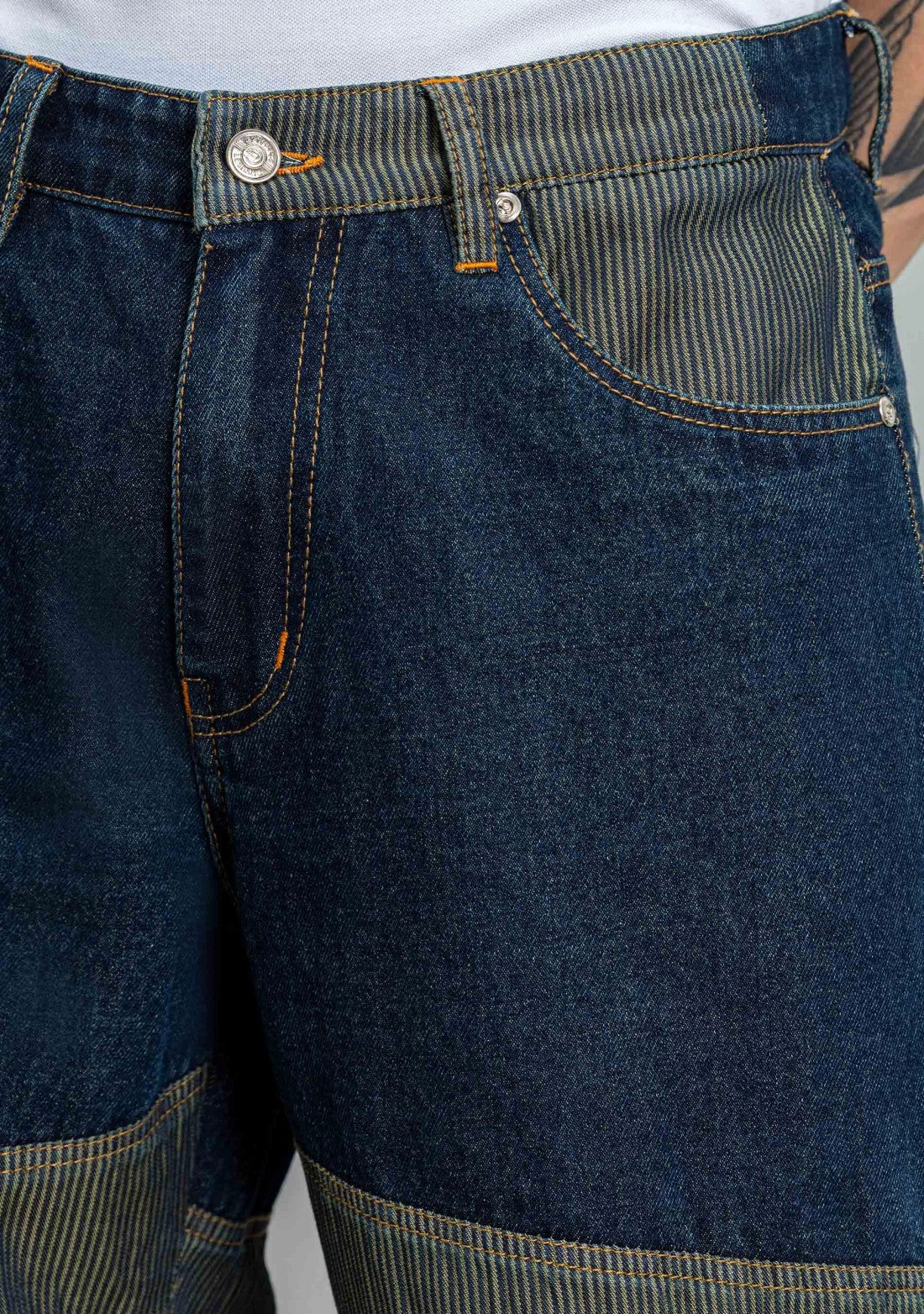 Blue Wide Leg Two Tone Panel Cargo Style Men's Jeans Male Bottomwear