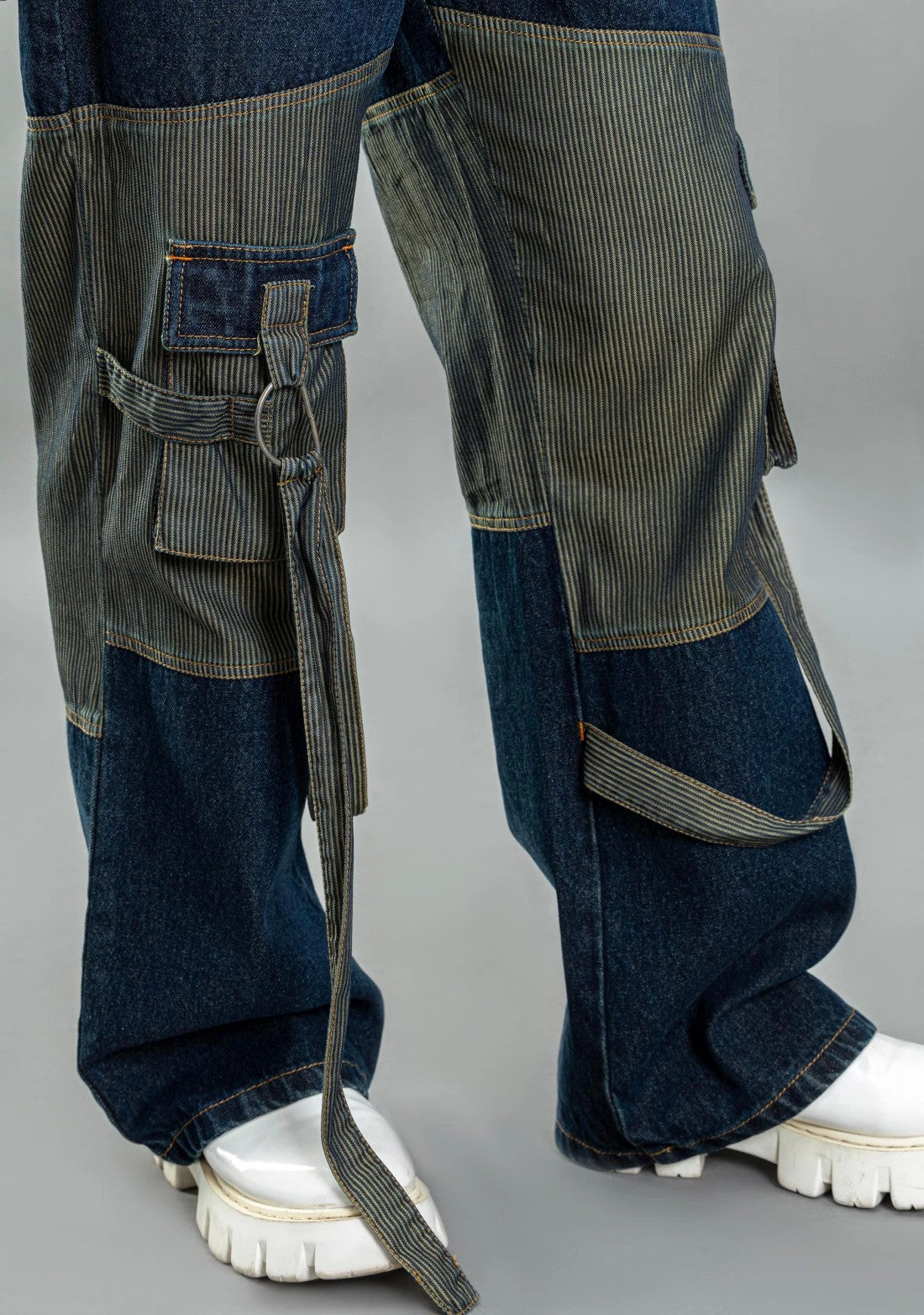 Blue Wide Leg Two Tone Panel Cargo Style Men's Jeans Male Bottomwear