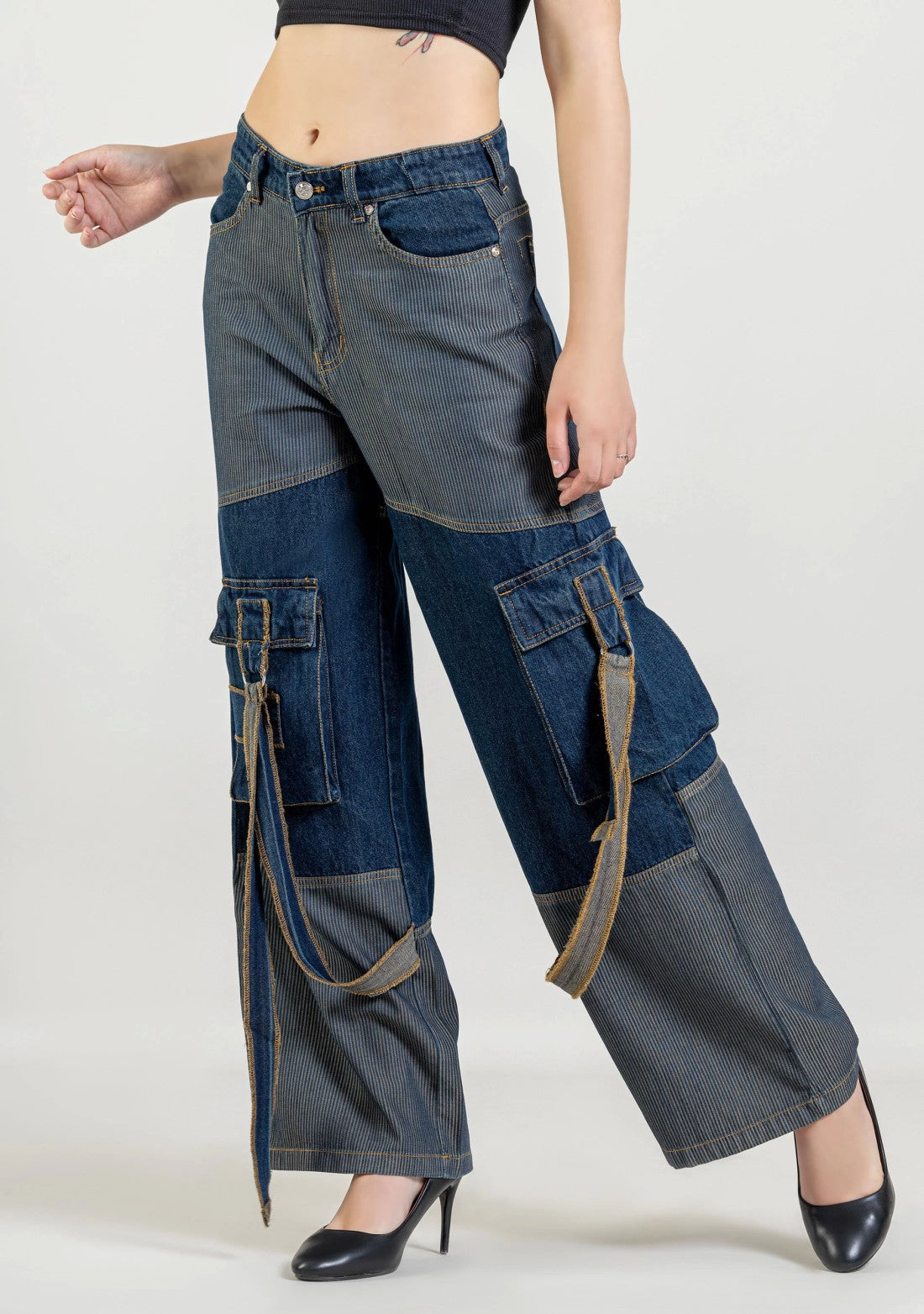 Blue Wide Leg Two Tone Panel Cargo Style Women's Jeans bottom wear