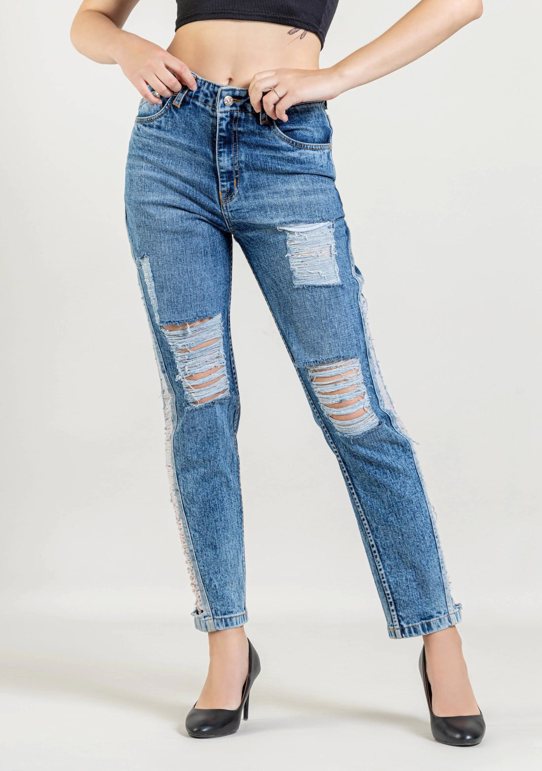 Light Blue Slim Fit Women's Distressed Jeans bottom wear