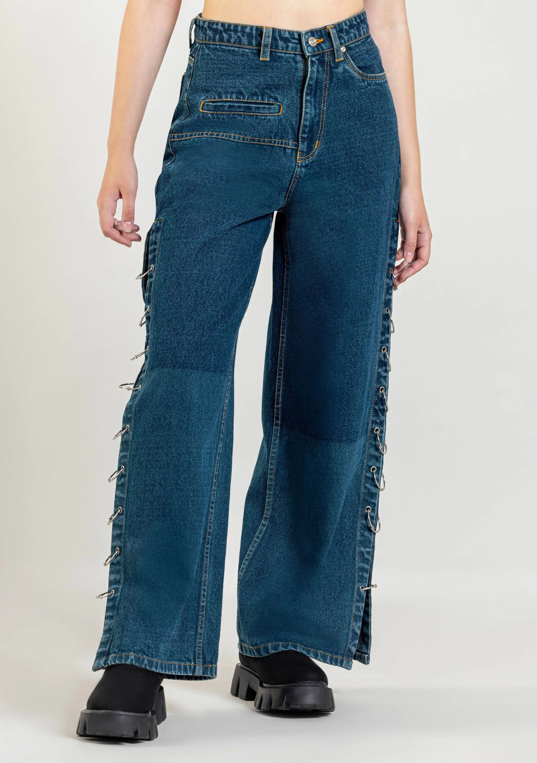 Ocean Blue Wide Leg Side Open Style Jeans bottom ware