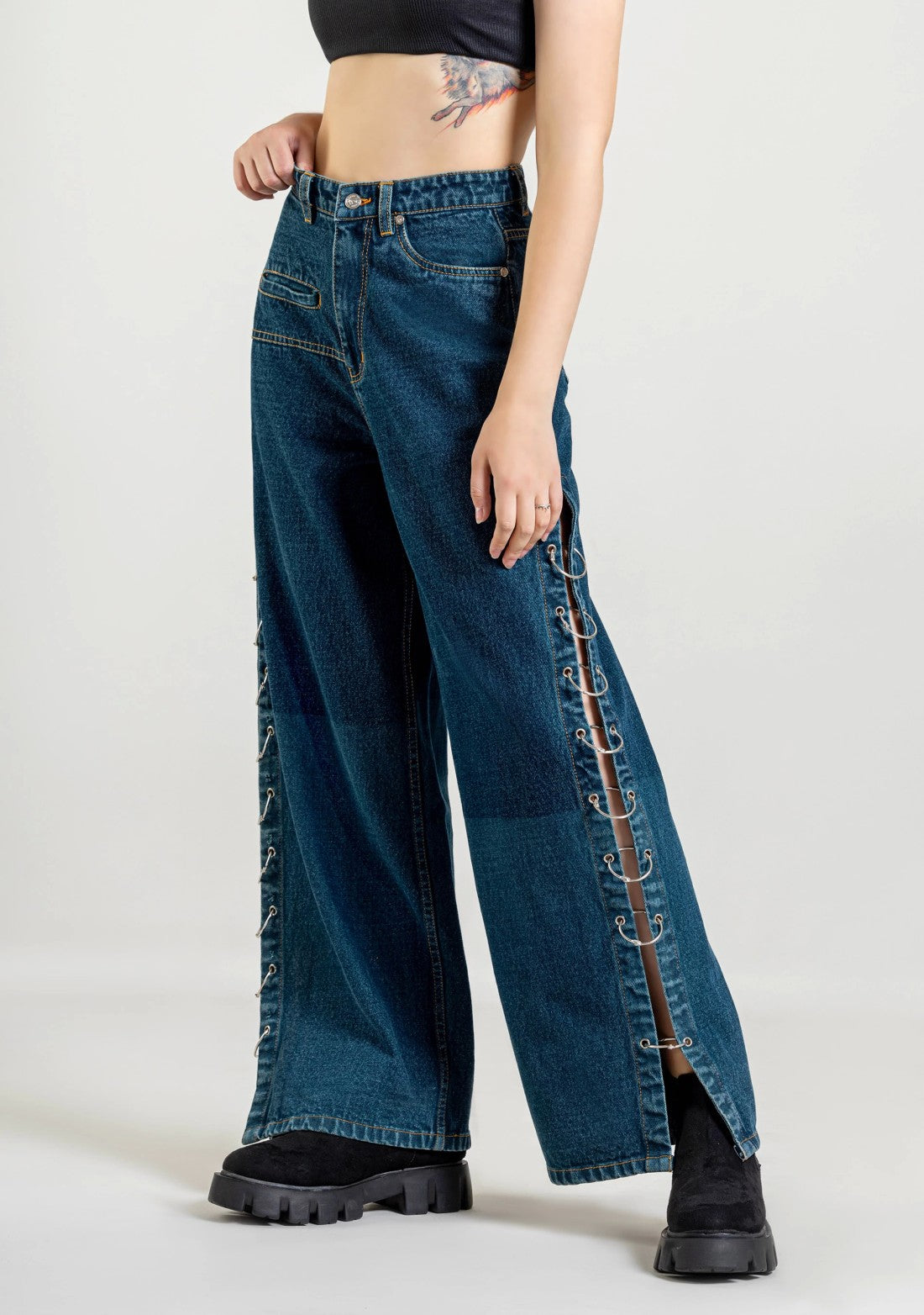 Ocean Blue Wide Leg Side Open Style Jeans bottom ware