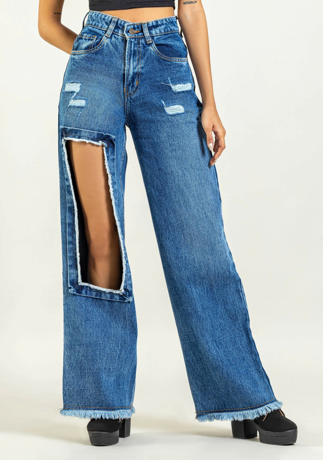 Blue Wide Leg Cut Out Women's Distressed Jeans bottom wear