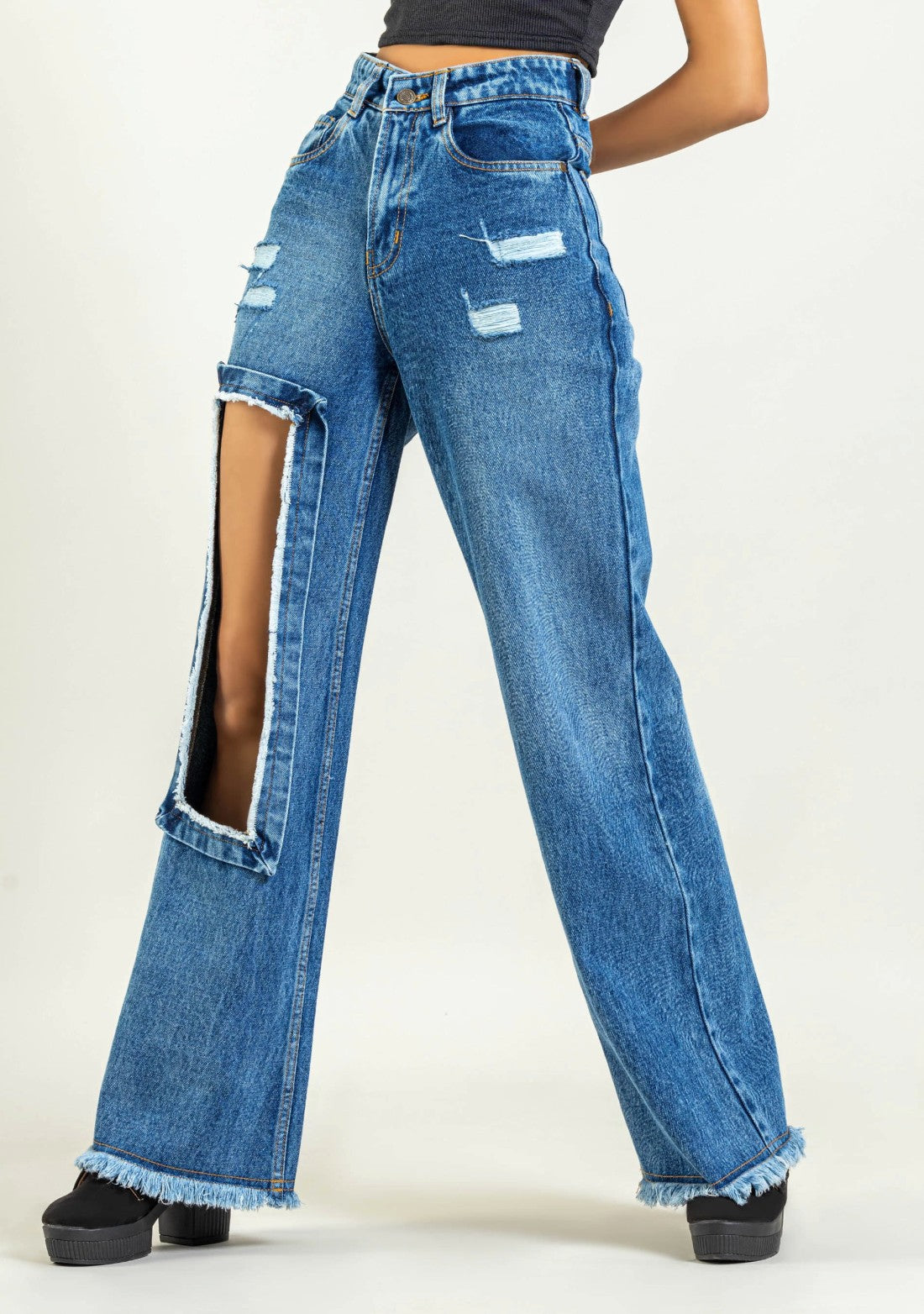 Blue Wide Leg Cut Out Women's Distressed Jeans bottom wear