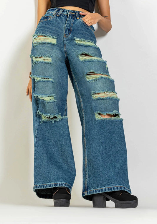 Greenish Blue Wide Leg Women's Distressed Jeans bottom wear