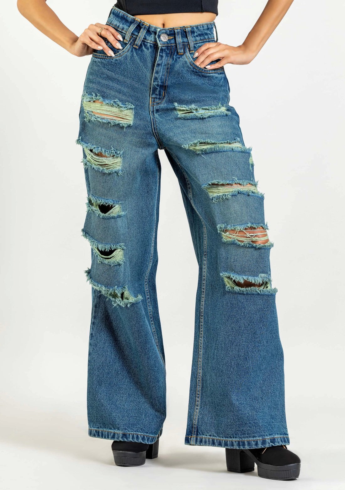 Greenish Blue Wide Leg Women's Distressed Jeans bottom wear