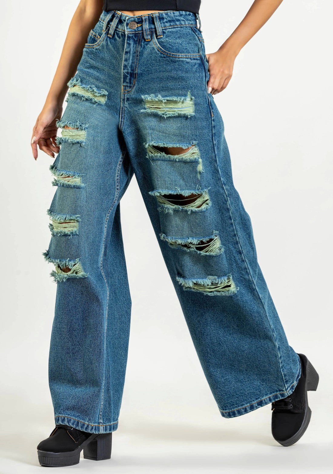 Greenish Blue Wide Leg Women's Distressed Jeans bottom wear