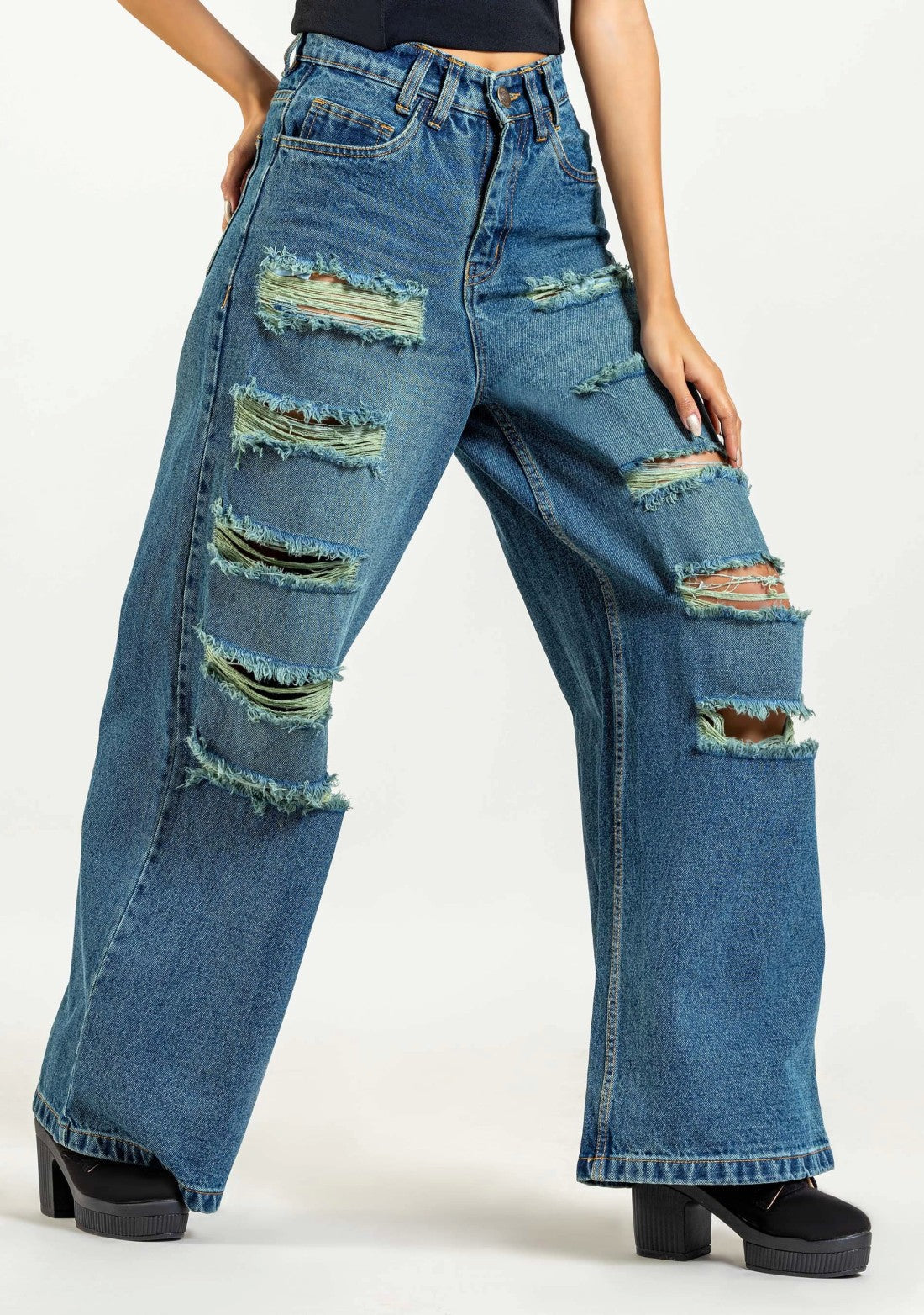 Greenish Blue Wide Leg Women's Distressed Jeans bottom wear