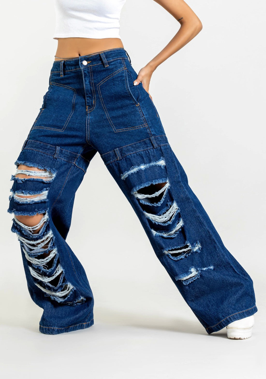 Blue Wide Leg Heavy Distressed Women's Jeans bottom wear