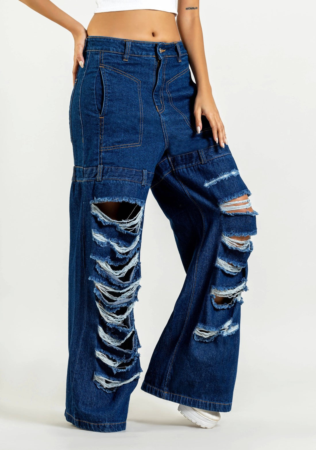 Blue Wide Leg Heavy Distressed Women's Jeans bottom wear