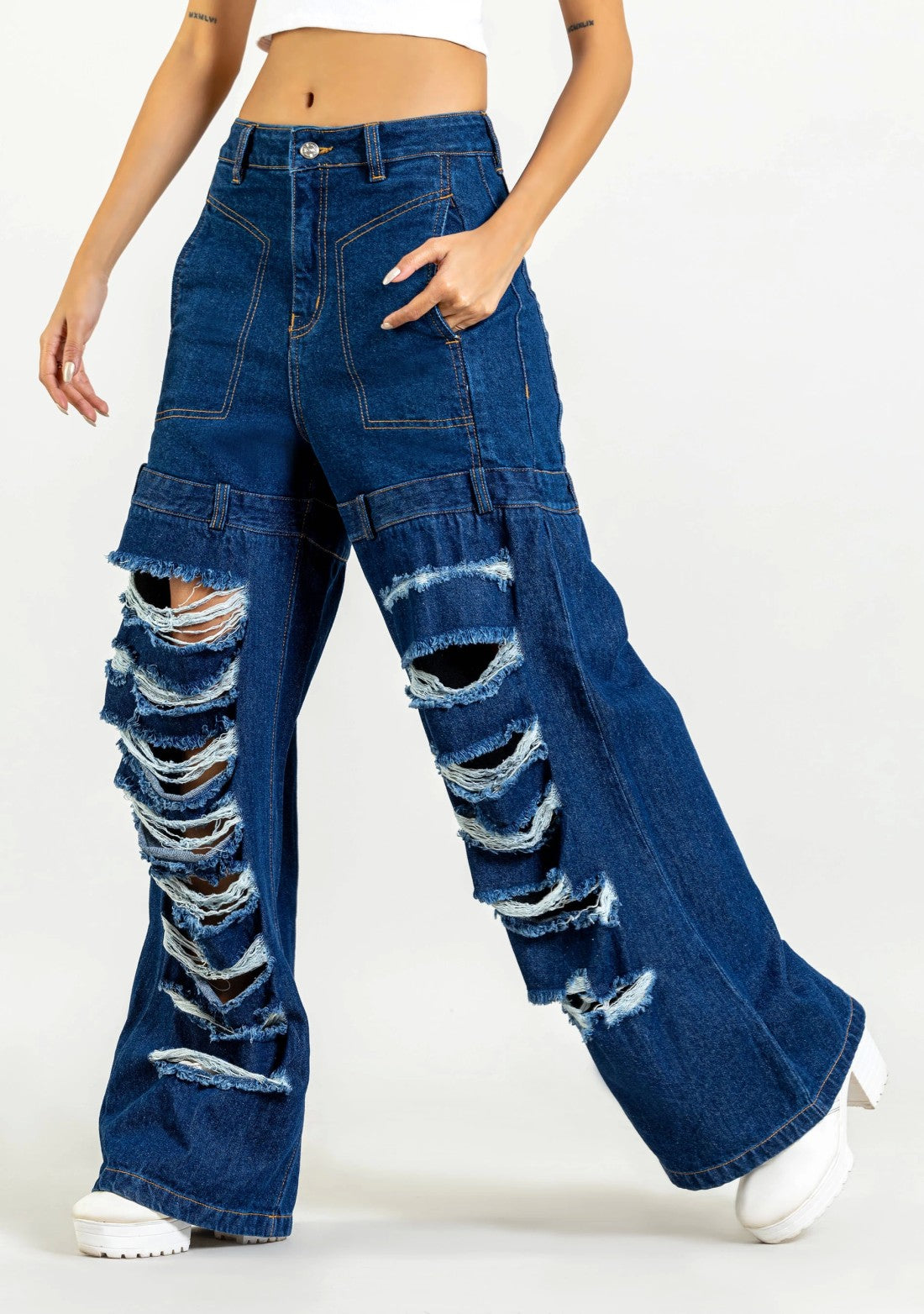 Blue Wide Leg Heavy Distressed Women's Jeans bottom wear