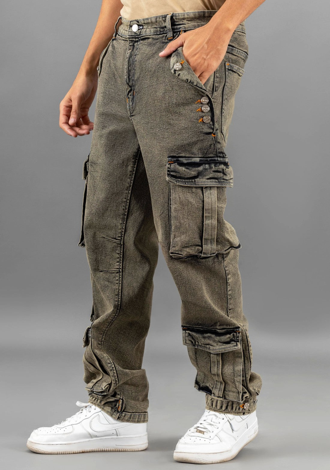 Greenish Grey Straight Fit Men's Cargo Style Jeans Male Bottomwear