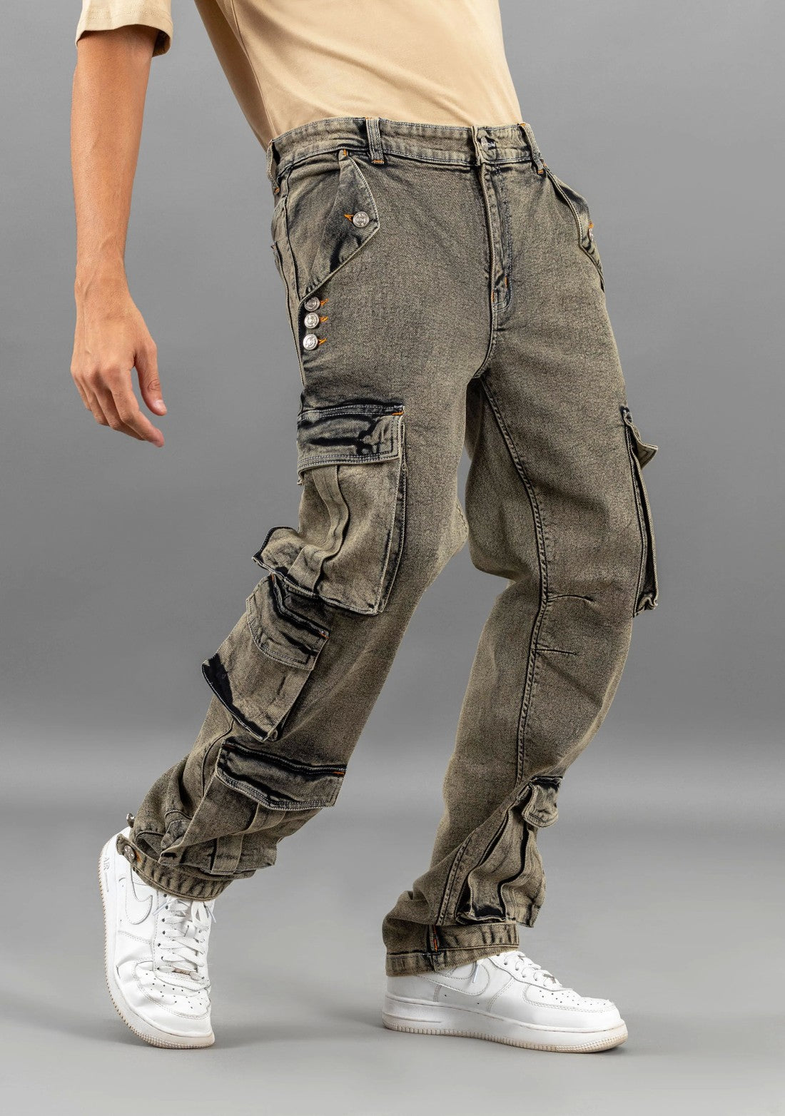 Greenish Grey Straight Fit Men's Cargo Style Jeans Male Bottomwear