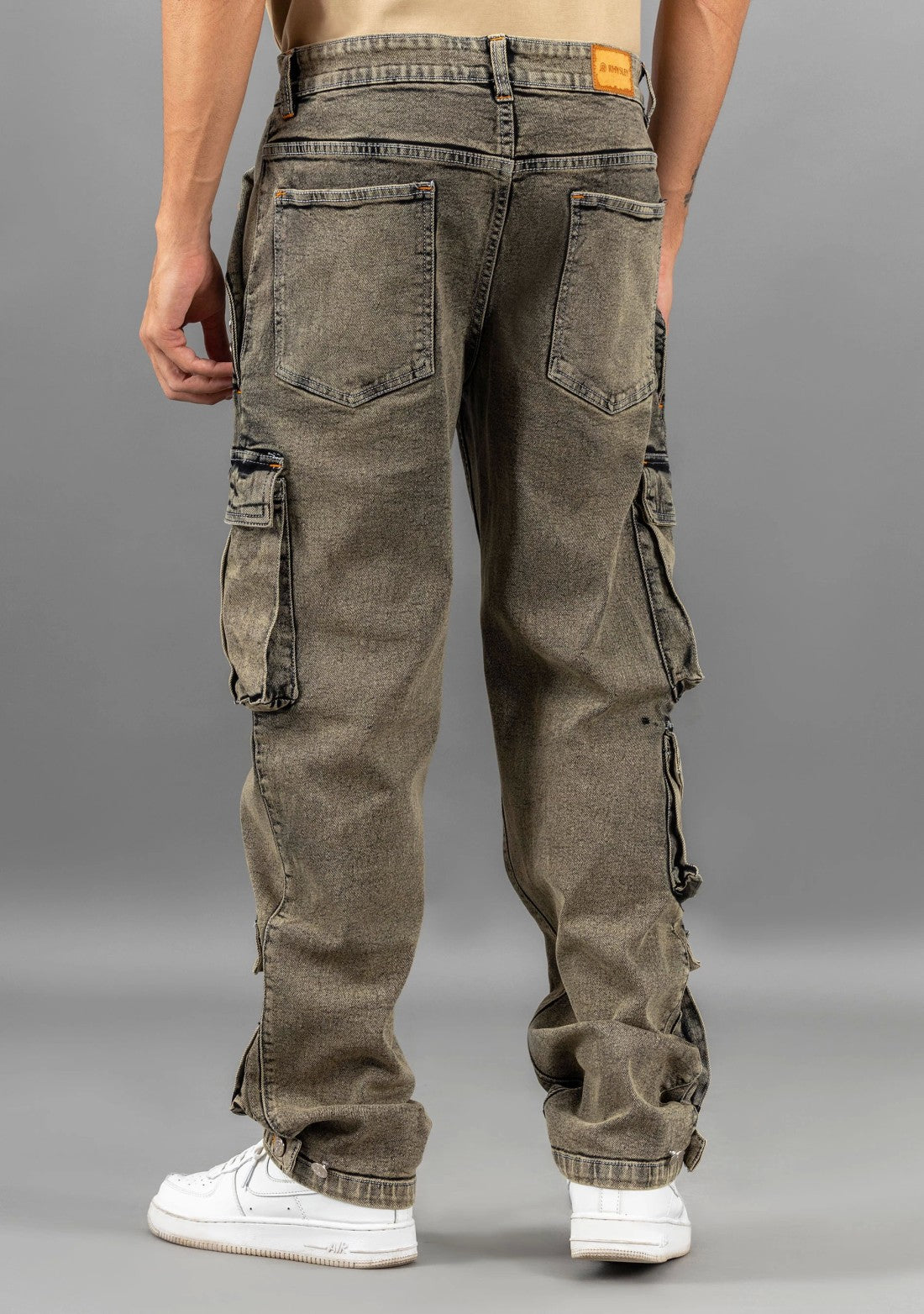 Greenish Grey Straight Fit Men's Cargo Style Jeans Male Bottomwear