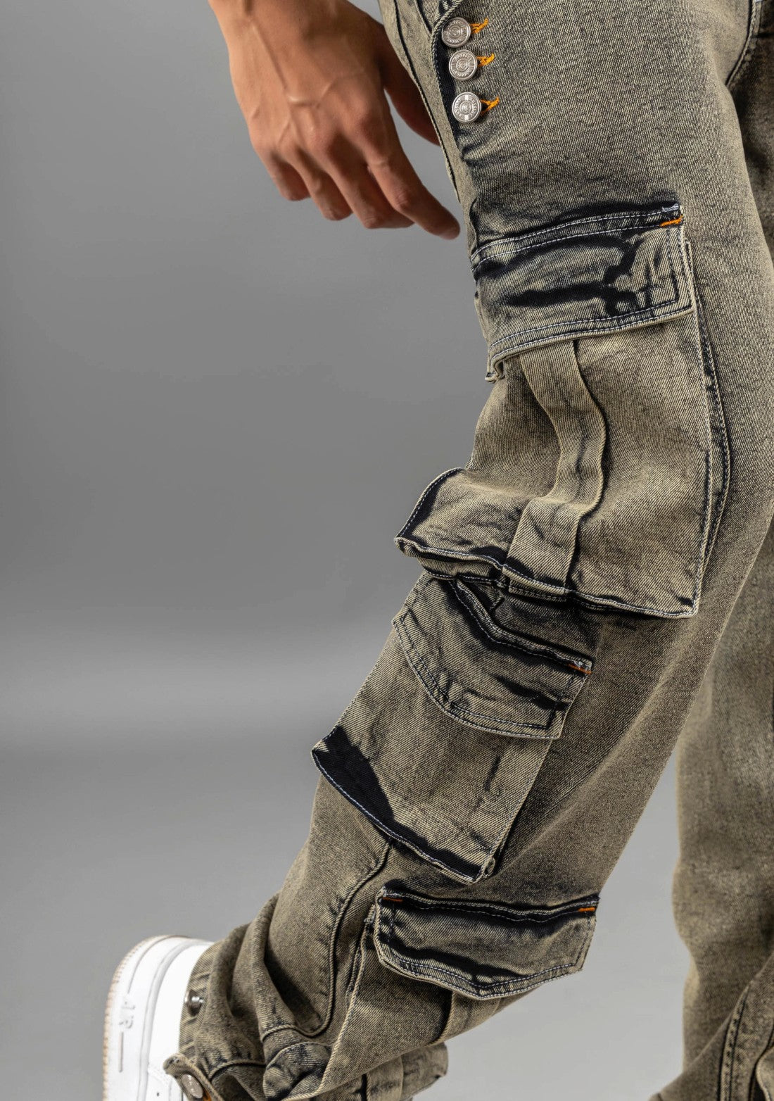 Greenish Grey Straight Fit Men's Cargo Style Jeans Male Bottomwear