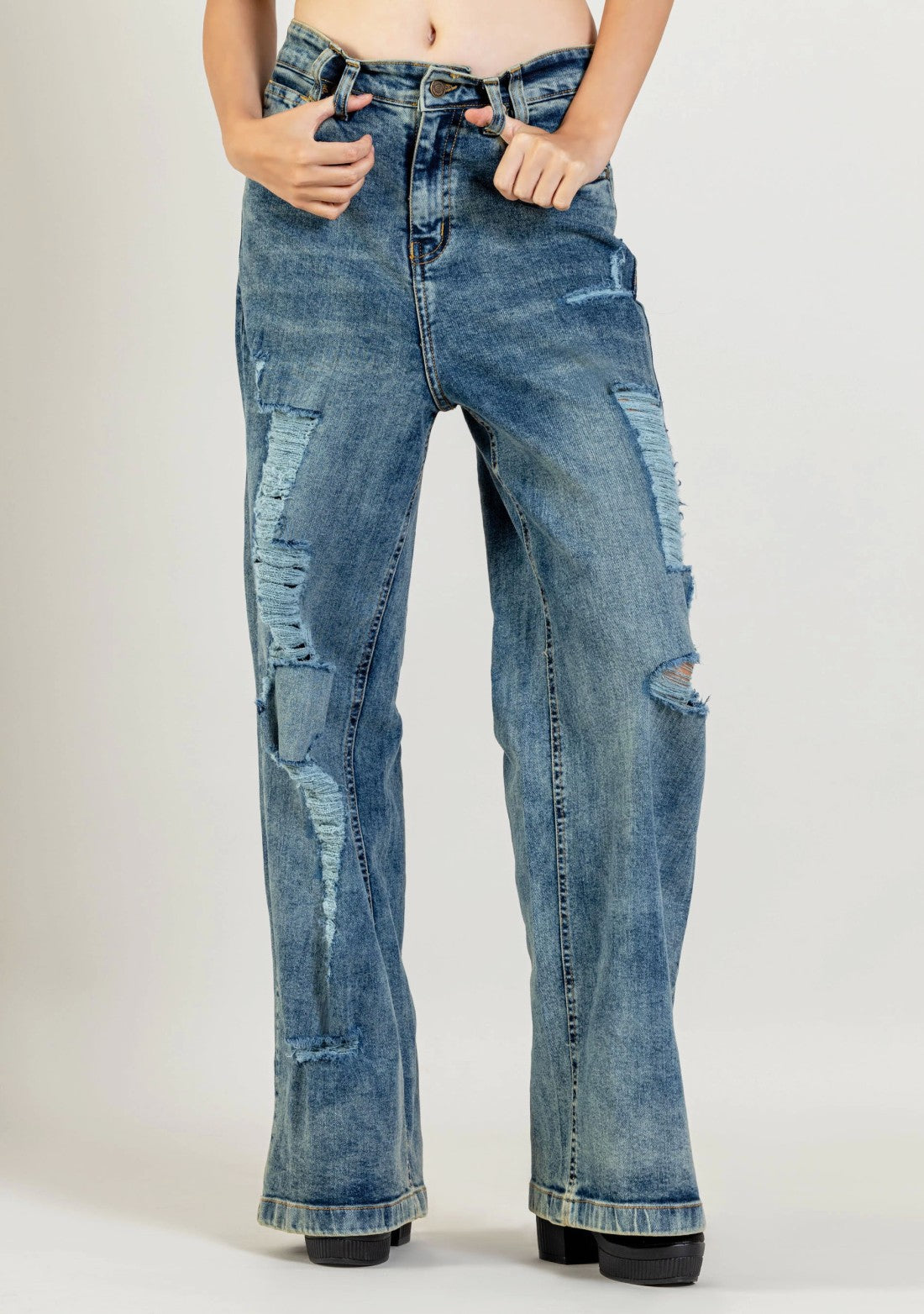 Blue Wide Leg Women's Distressed Jeans bottom wear