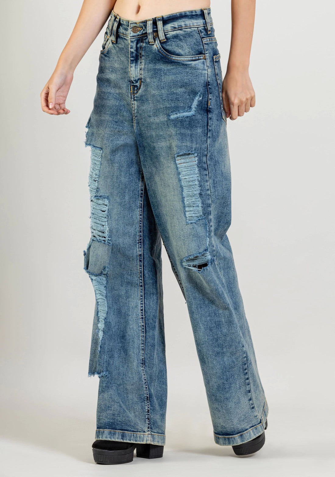 Blue Wide Leg Women's Distressed Jeans bottom wear