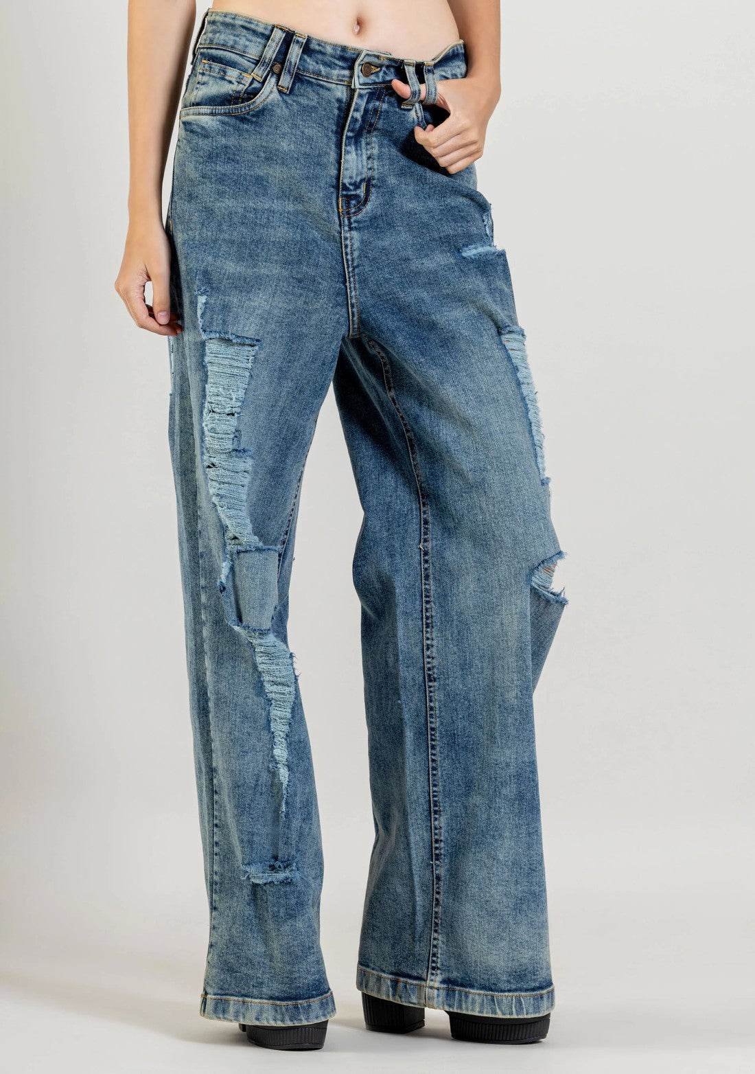 Blue Wide Leg Women's Distressed Jeans bottom wear