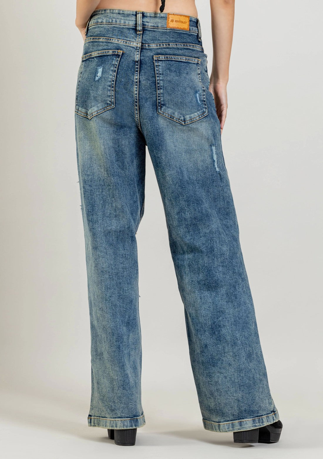 Blue Wide Leg Women's Distressed Jeans bottom wear