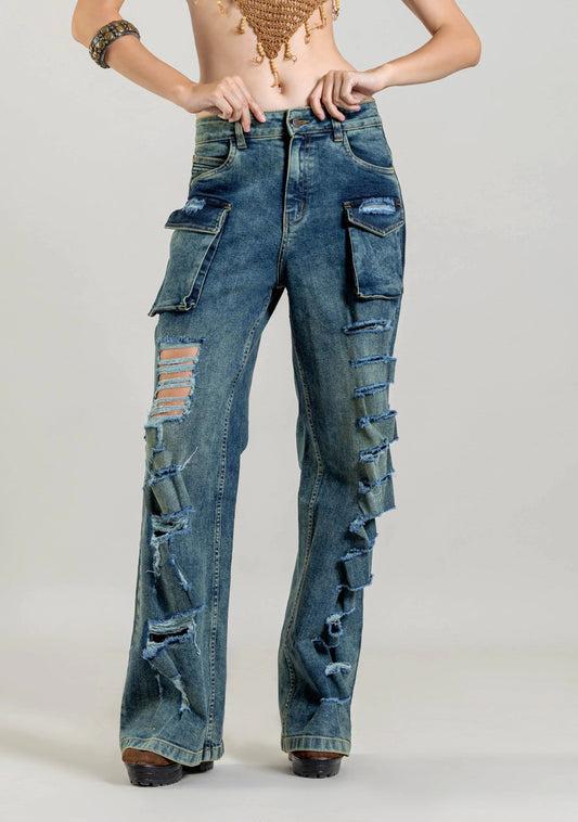 Blue Wide Leg Women's Distressed Cargo Style Jeans bottom wear