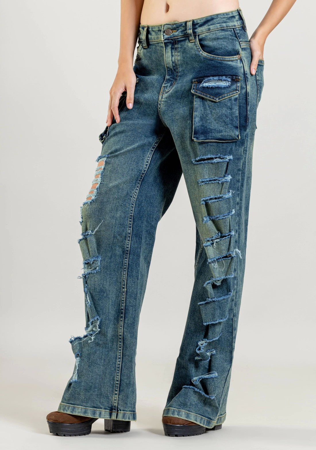 Blue Wide Leg Women's Distressed Cargo Style Jeans bottom wear