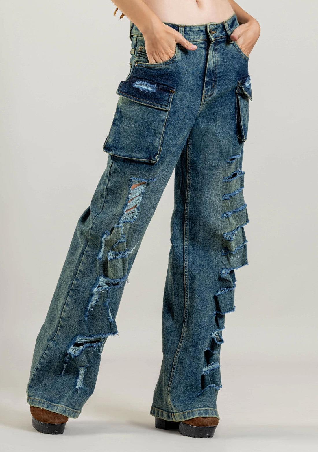 Blue Wide Leg Women's Distressed Cargo Style Jeans bottom wear