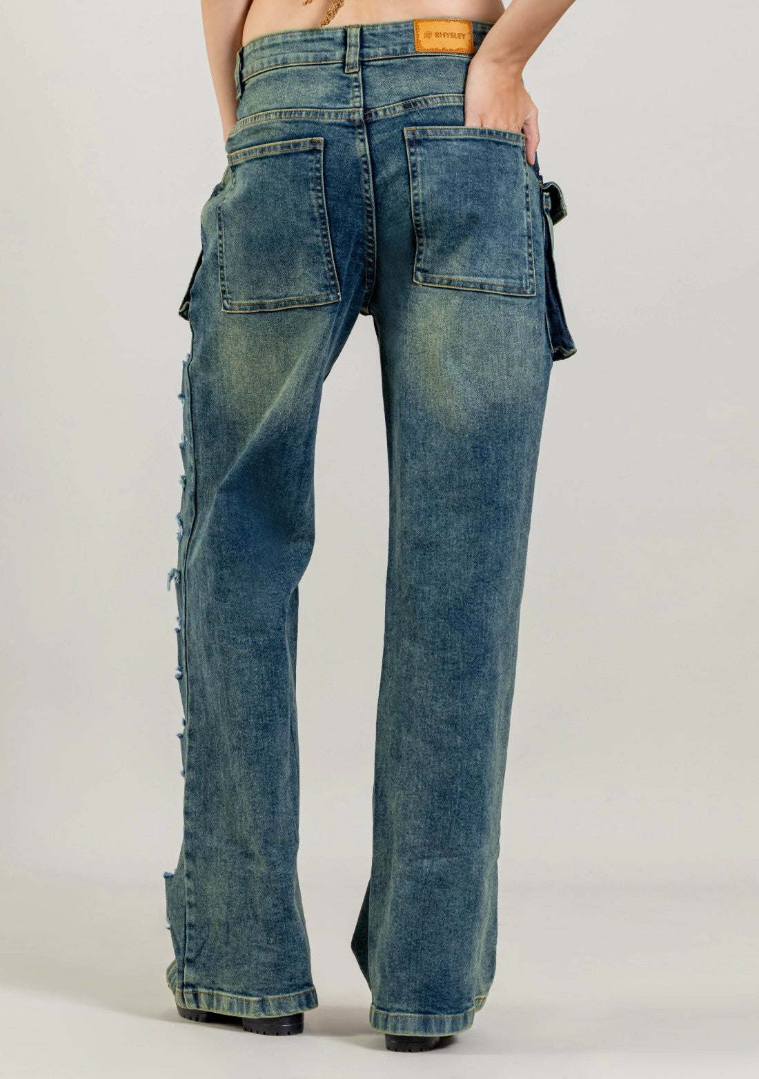 Blue Wide Leg Women's Distressed Cargo Style Jeans bottom wear