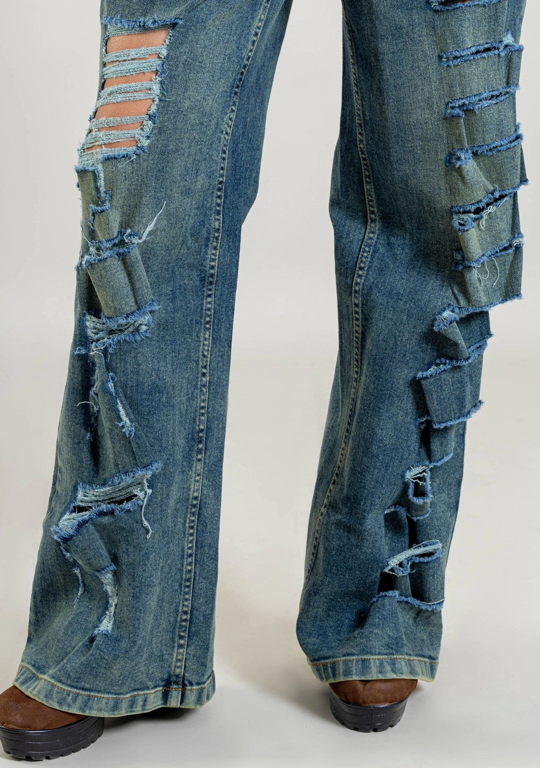 Blue Wide Leg Women's Distressed Cargo Style Jeans bottom wear