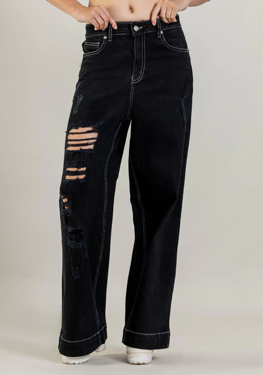 Black Wide Leg Women’s Distressed Jeans bottom wear