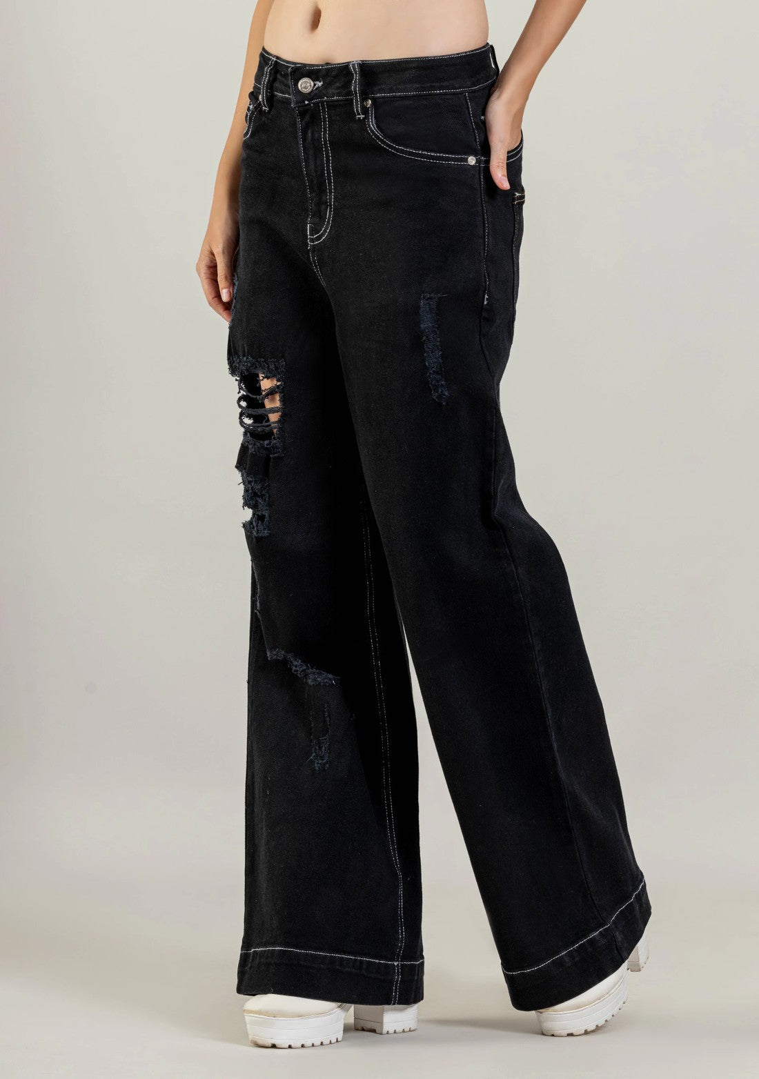 Black Wide Leg Women’s Distressed Jeans bottom wear