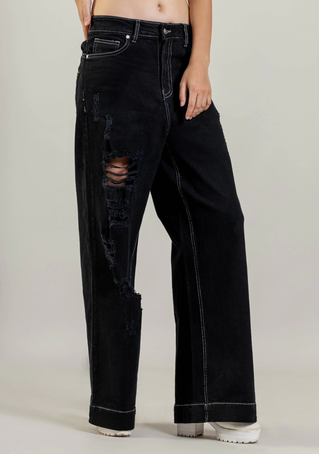 Black Wide Leg Women’s Distressed Jeans bottom wear