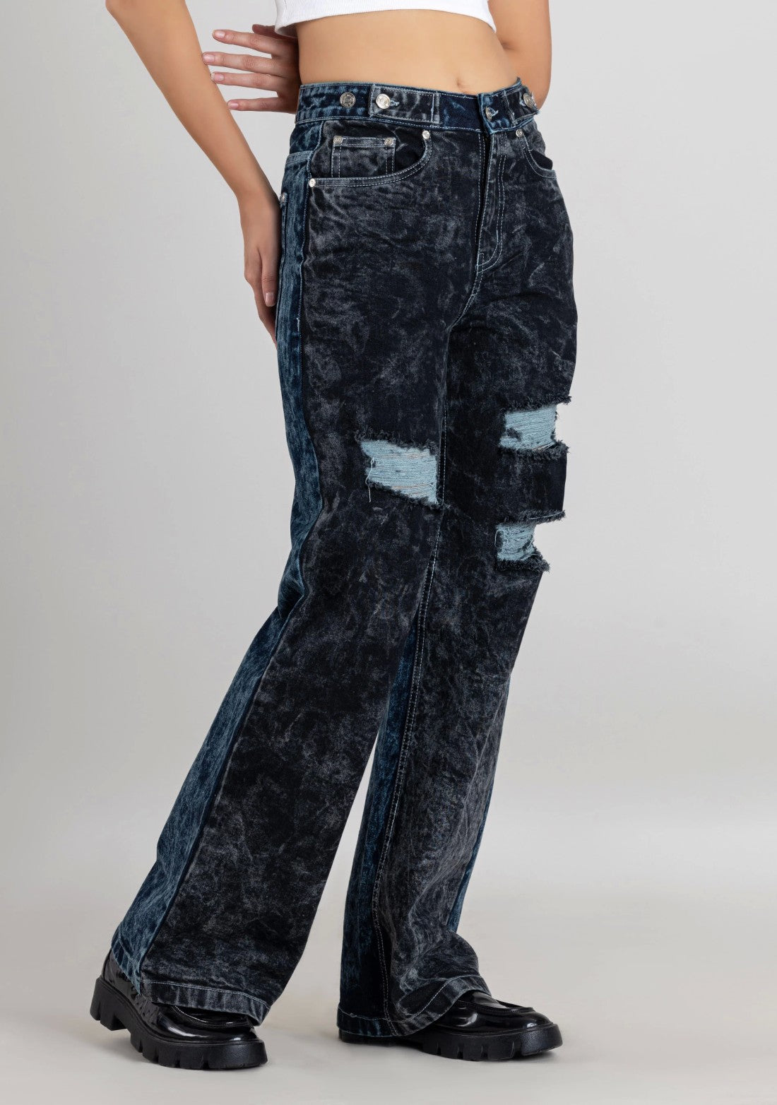 Black and Blue Wide Leg Women's Fashion Jeans bottom ware