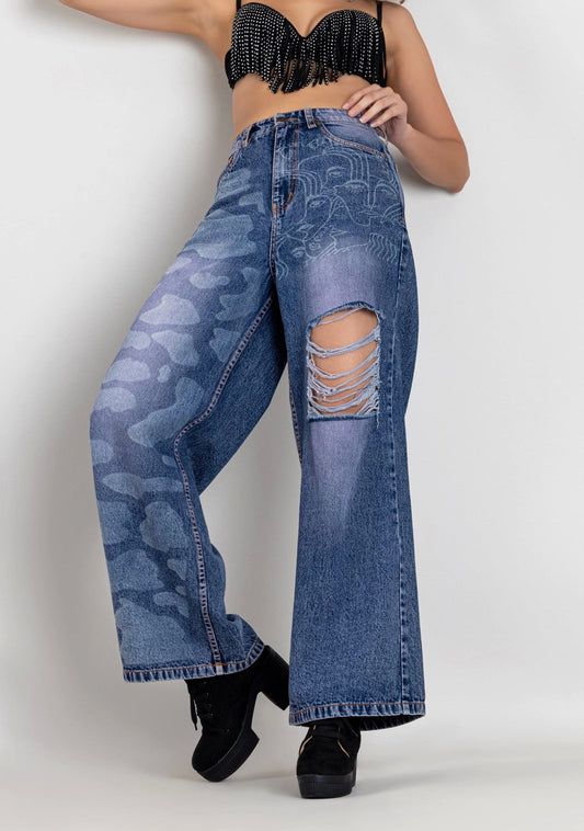 Blue Laser Print Wide Leg Women's Distressed Jeans bottom wear