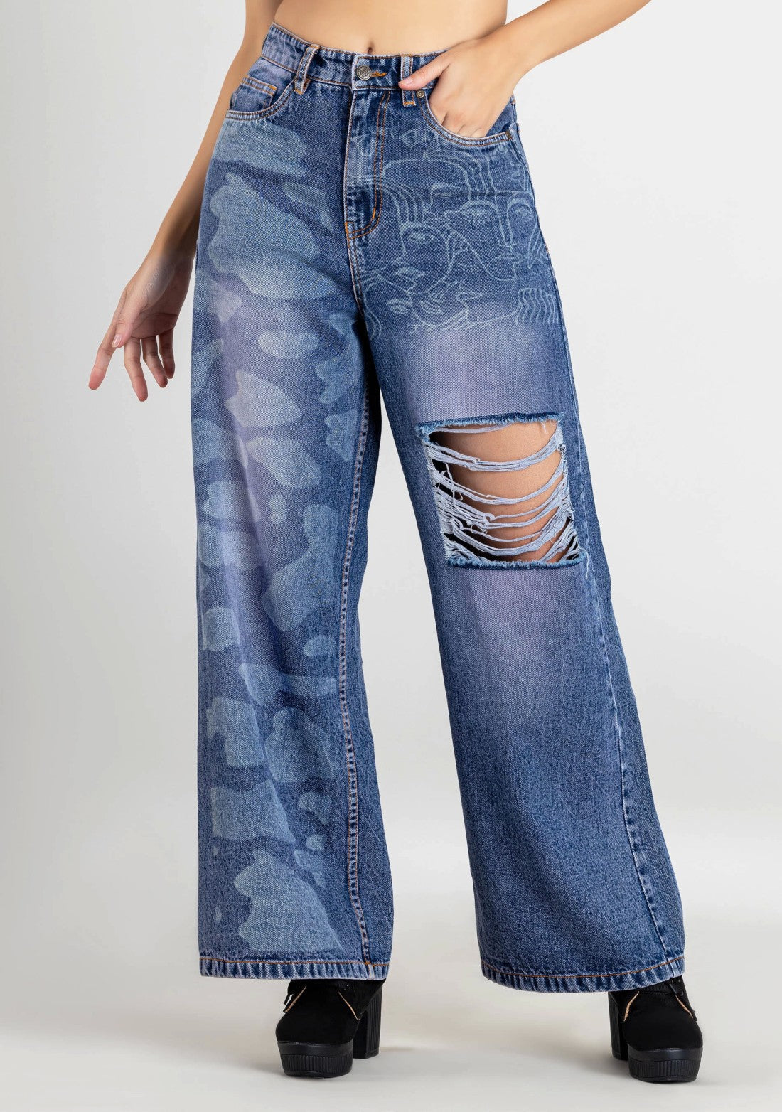 Blue Laser Print Wide Leg Women's Distressed Jeans bottom wear